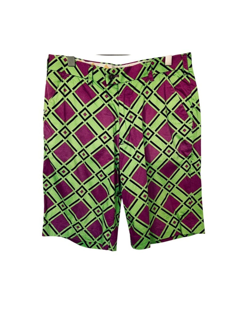 Loudmouth Golf Shorts Mens 32 Green Purple Geometric Plaid Stretch Cotton Retro